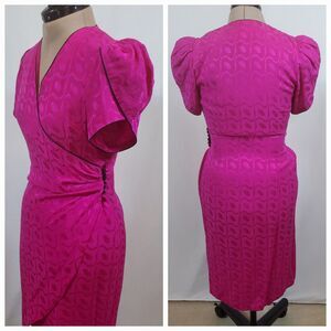 Vintage Silk Studio Women’s Wrap Dress Size 4 Silk Hot Pink Black Short Sleeve